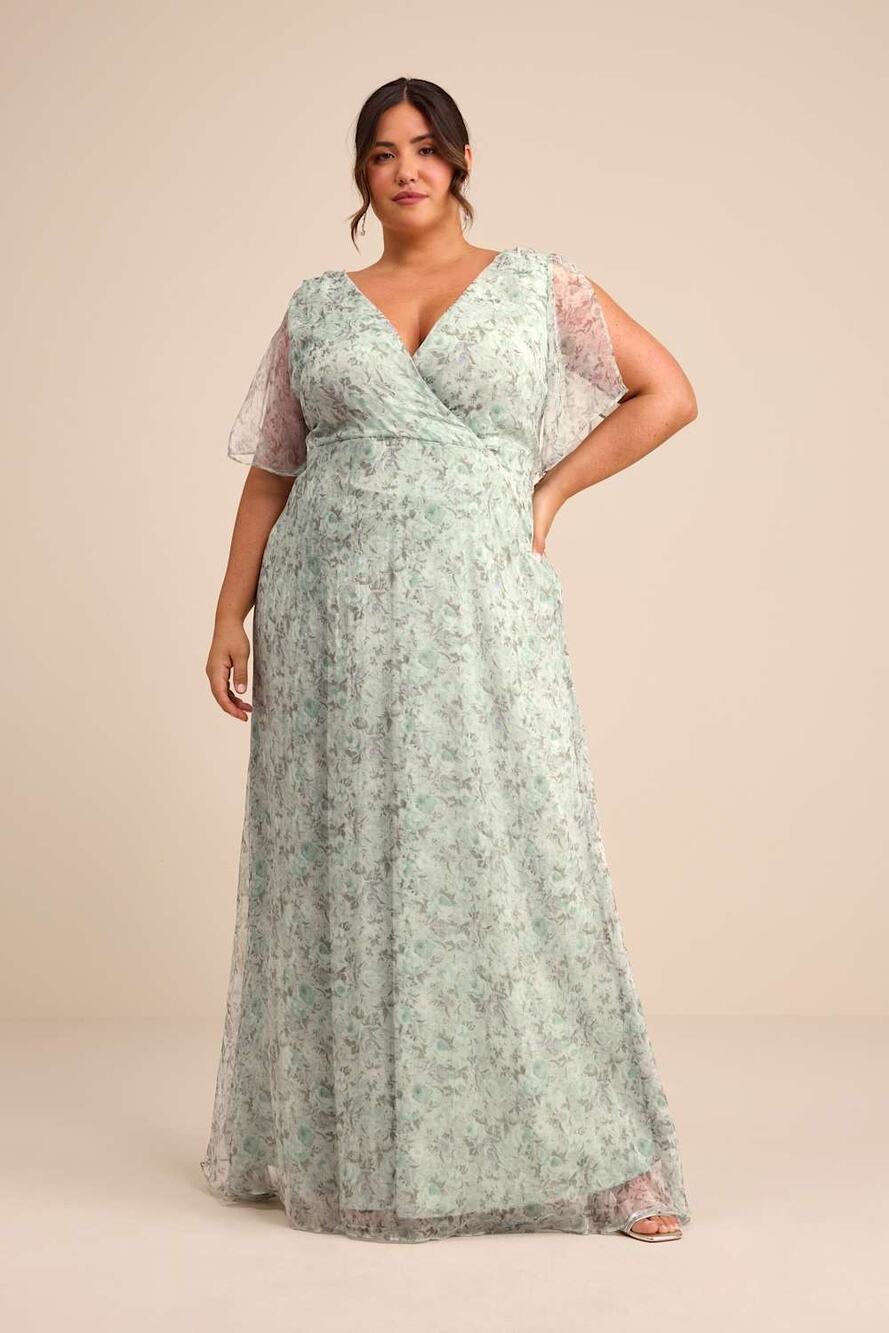 Lulus Dreamiest Desires Sage Green Floral Flutter Sleeve Maxi Dress Size 1X